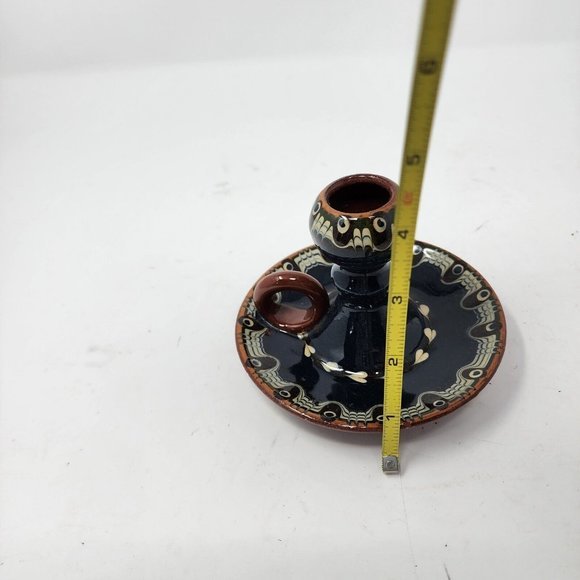 Vintage Bulgarian Redware Folk Art Handcrafted Troyan Ceramic Candle Holder Blue - Picture 5 of 10